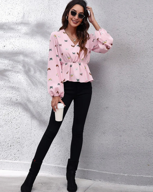 Butterfly V-Neck Balloon Sleeve Peplum Blouse