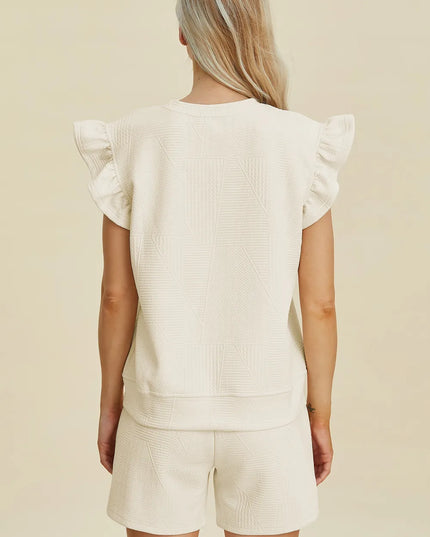 Double Take Full Size Texture Round Neck Ruffle Sleeve Top and Shorts Set