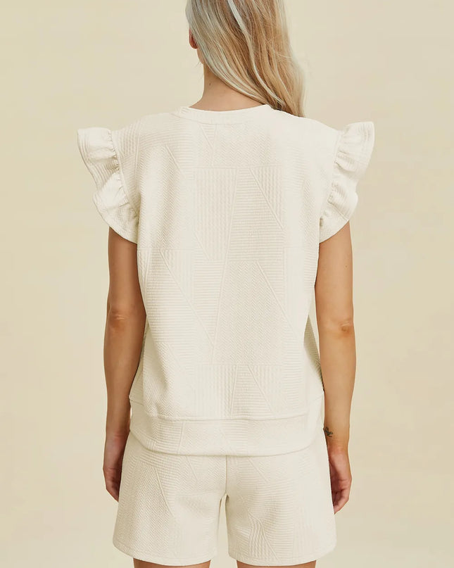 Double Take Full Size Texture Round Neck Ruffle Sleeve Top and Shorts Set
