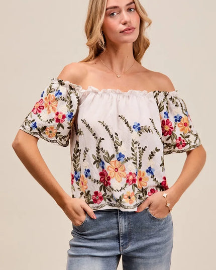 SO ME Floral Embroidered Two Way Off The Shoulder Blouse OFF WHITE