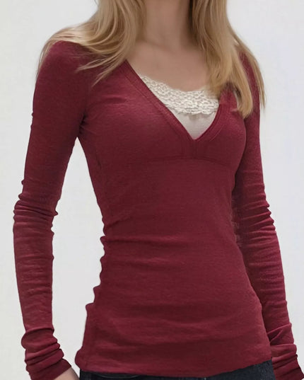 Long Sleeve T-Shirt with Lace Detail Deep Red