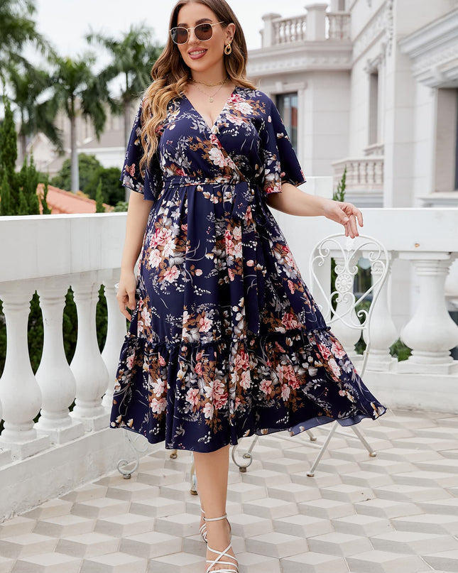 Honey Plus Size Floral Surplice Neck Midi Dress Floral