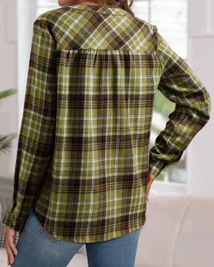Plaid Half Button Long Sleeve Blouse