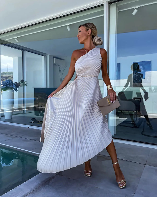 Full Size Single Shoulder Pleated Midi Dress Plus Size 