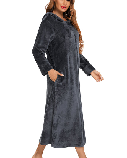 Zip Front Hooded Night Dress with Pockets