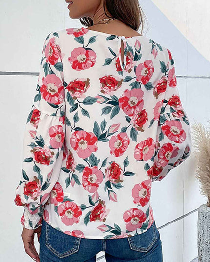 Perfee Floral Long Puff Sleeve Round Neck Blouse
