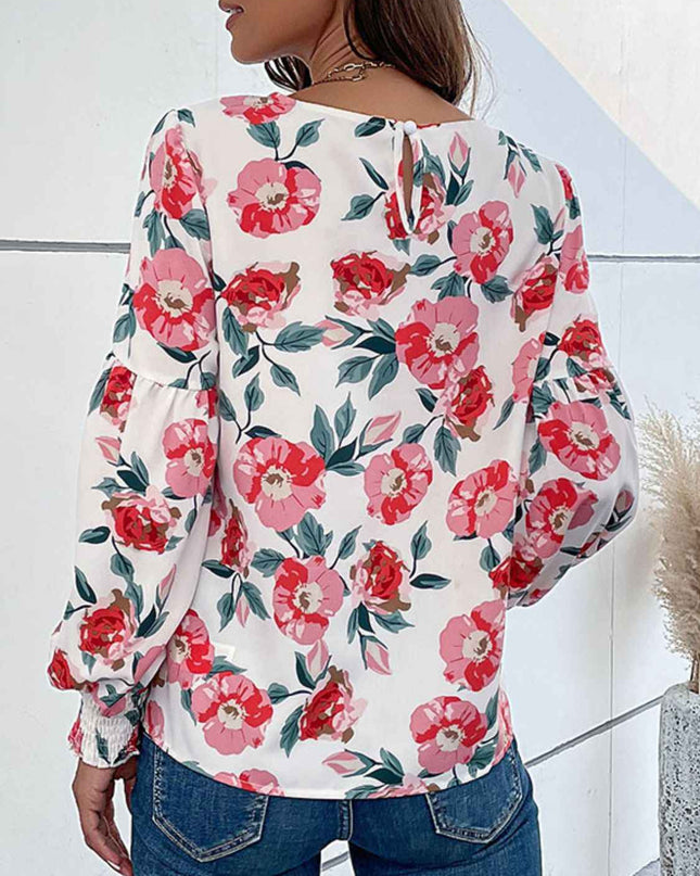 Perfee Floral Long Puff Sleeve Round Neck Blouse
