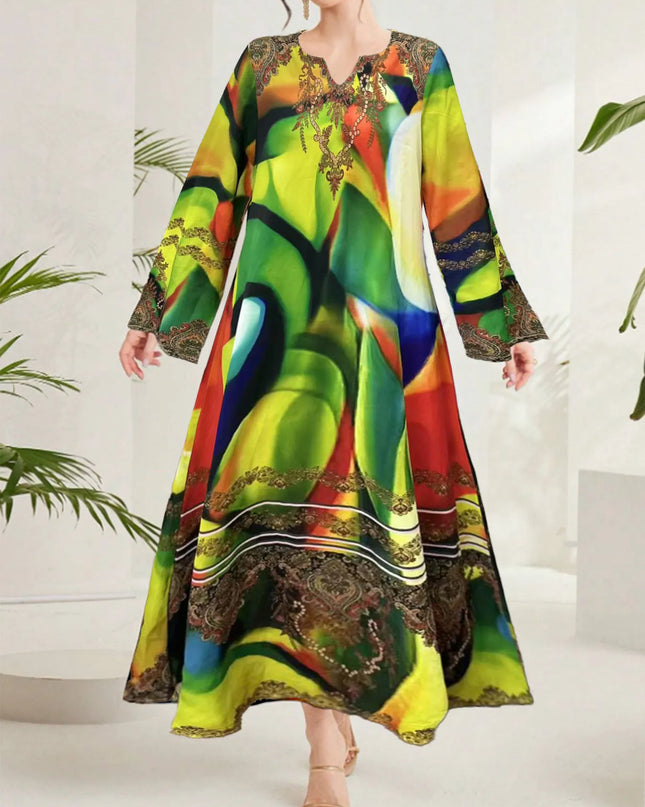 Multi-Color Abstract Print Notched Maxi Dress Matcha Green