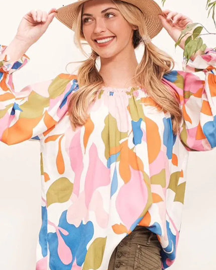 Lime 'N' Chili Abstract Print Off-the-shoulder Long Sleeve Top PINK MULTI