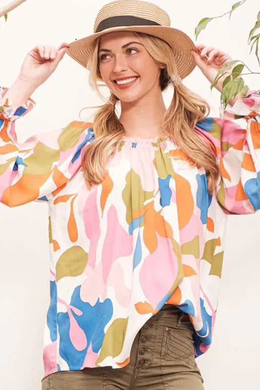 Lime 'N' Chili Abstract Print Off-the-shoulder Long Sleeve Top PINK MULTI