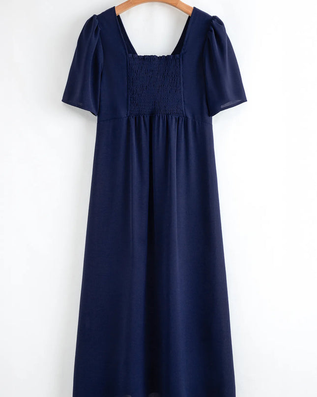 V Neck Buttoned Front Shirred Back Short Sleeve Midi Dress