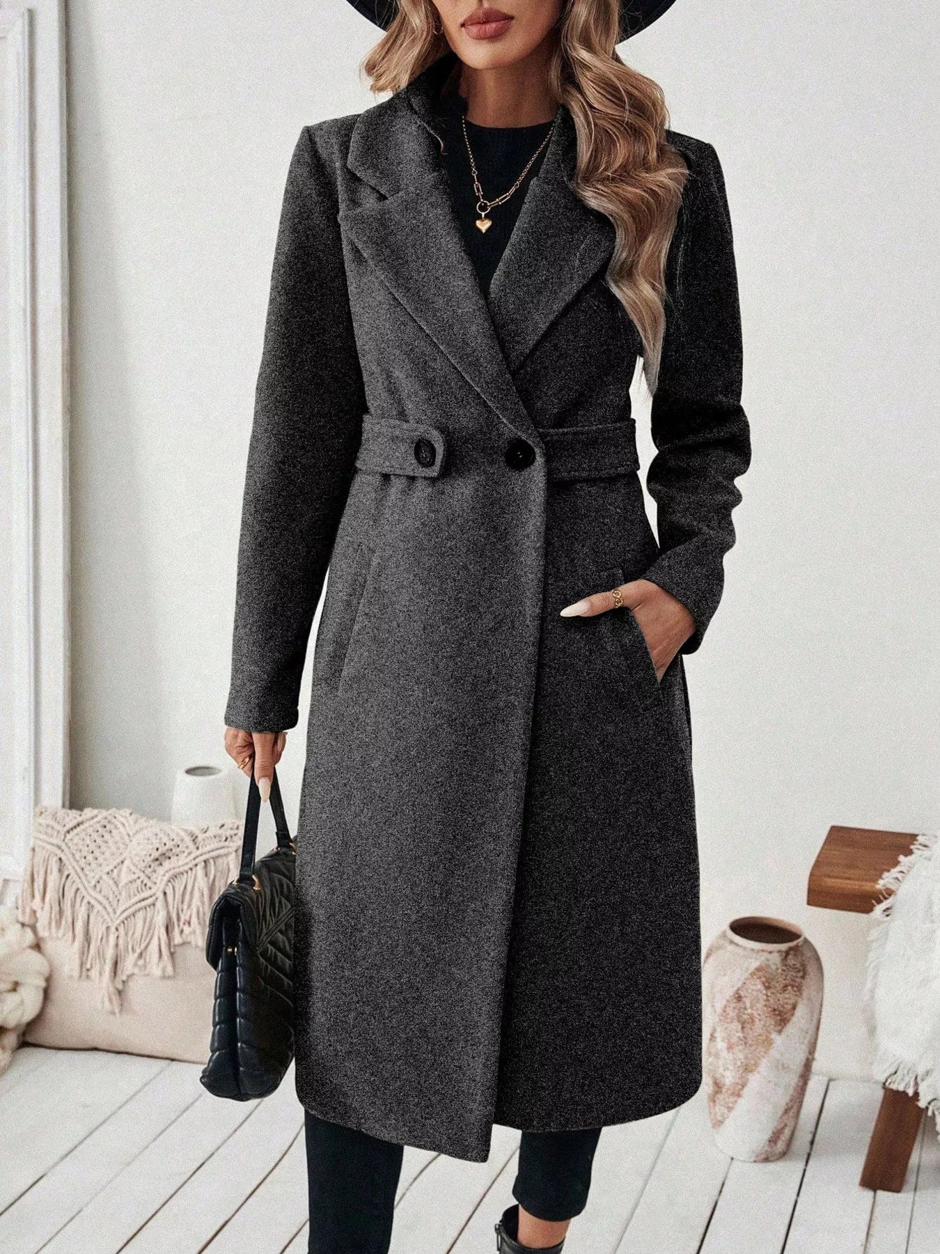 One Button Wool Blend Overcoat Brown