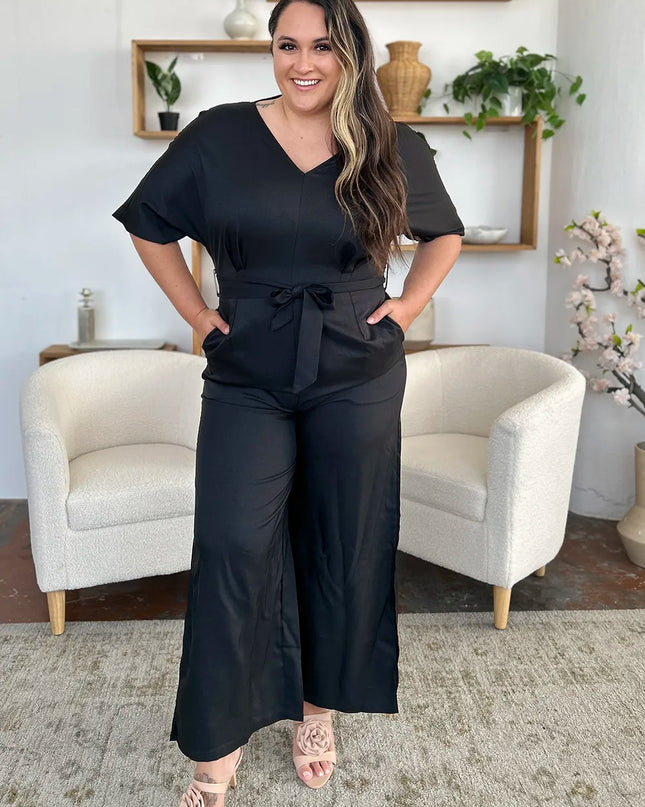 Double Take Full Size V-Neck Tied Side Slit Jumpsuit