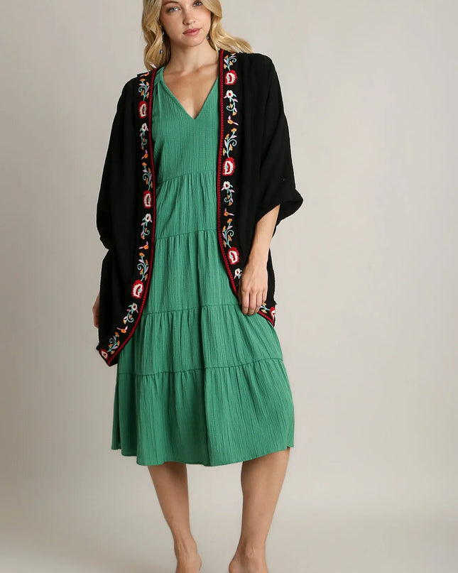 Umgee Embroidery Open Front Kimono with Pleated Shoulder Detail