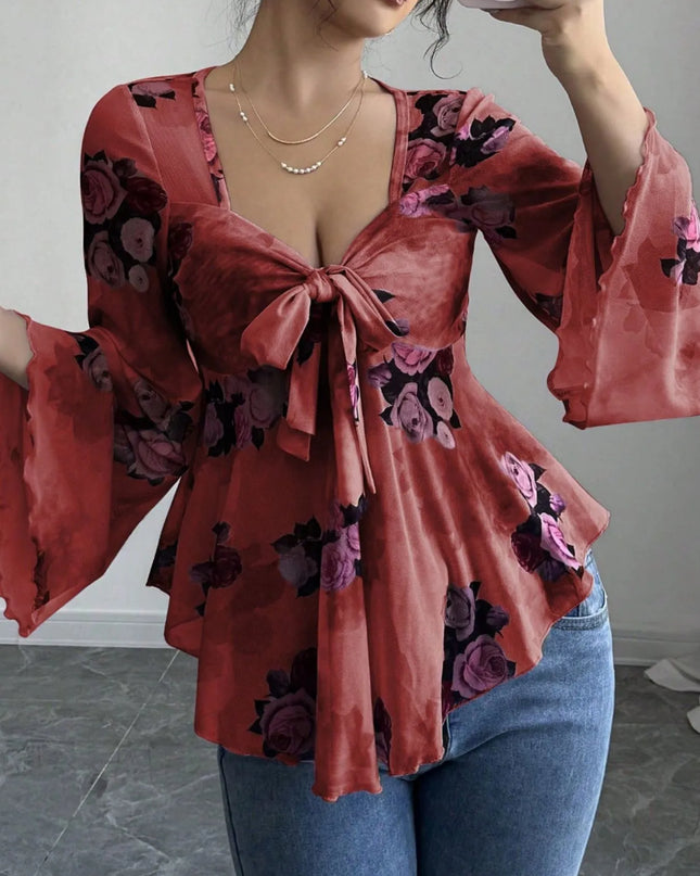 Floral Tie Front Flare Sleeve Blouse Red