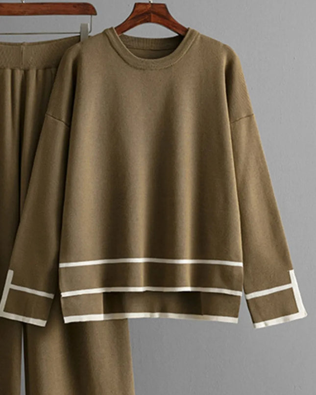 High-Low Round Neck Top and Pants Sweater Set