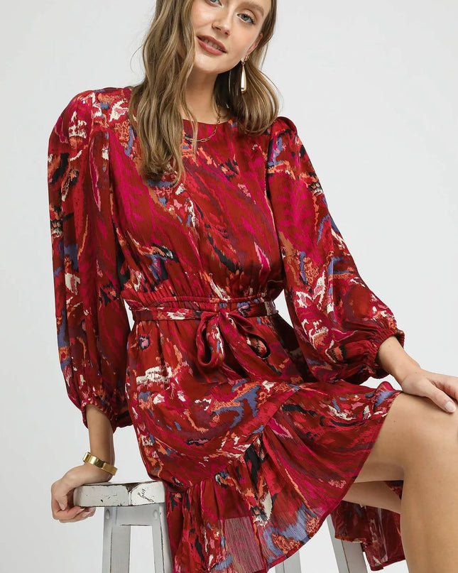 Umgee Ruffled Hem Printed Balloon Sleeve Dress