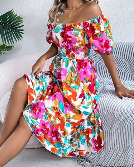 Ruffled Hem Smocked Floral Short Sleeve Midi Dress 