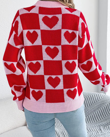 Heart Checkerboard Pattern Round Neck Sweater