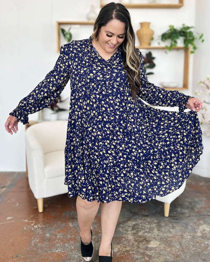 Double Take Full Size Printed Ruffle Hem Long Sleeve Tiered Dress