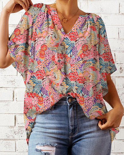 Floral Notched Neck Flutter Sleeve Blouse