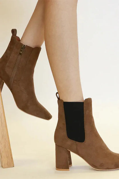 Beast Fashion Faux Suede Block Heel Chelsea Boots with Elastic Side Panel Coffee Brown