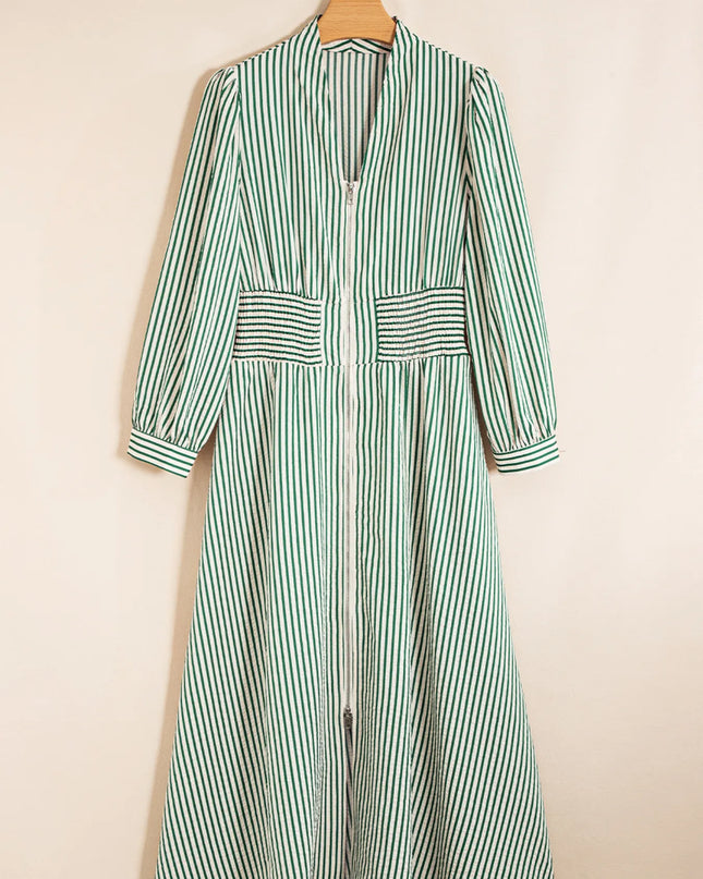 Stripe V Neck Zip Front Cinched High Waist Midi Dress