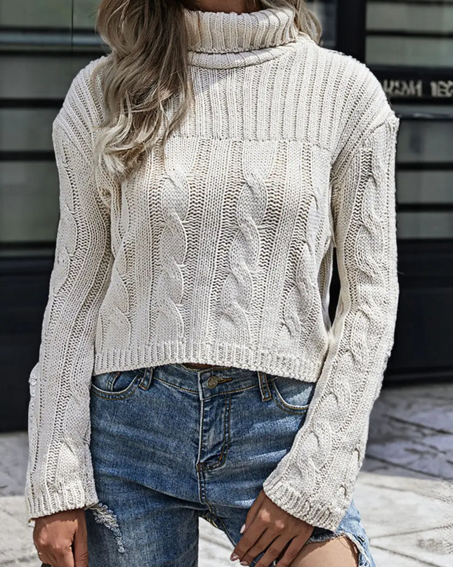 Cable-Knit Turtleneck Sweater Tan