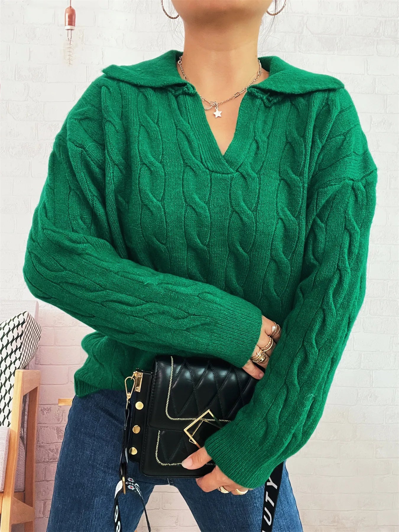 Cable Knit Johnny Collar Sweater