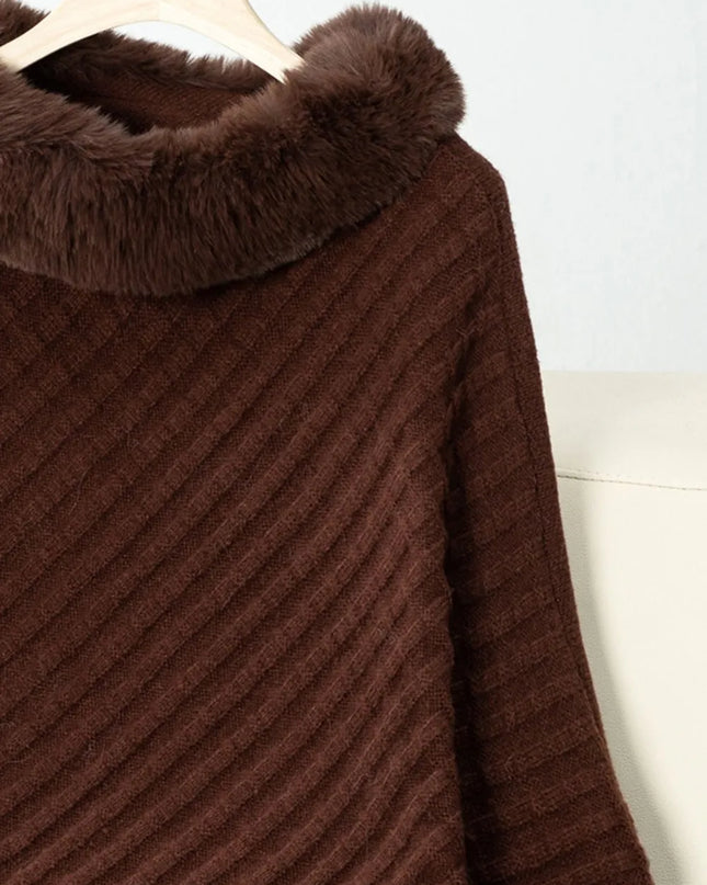 Fuzzy Trim Texture Three-Quarter Sleeve Poncho