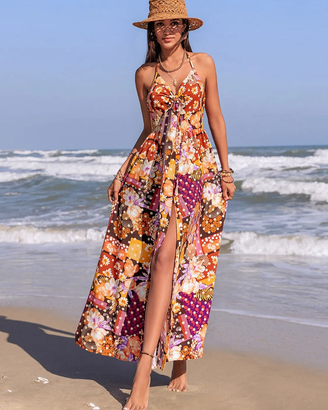 Slit Printed Halter Neck Cami Dress 
