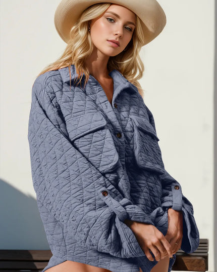 Double Take Button Up Quilted Shacket with Chest Pockets Dusty Blue