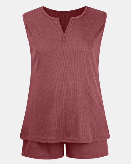 Full Size Waffle-Knit Notched Top and Shorts Set Dusty Pink