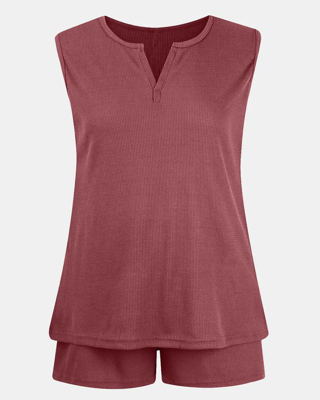 Full Size Waffle-Knit Notched Top and Shorts Set Dusty Pink