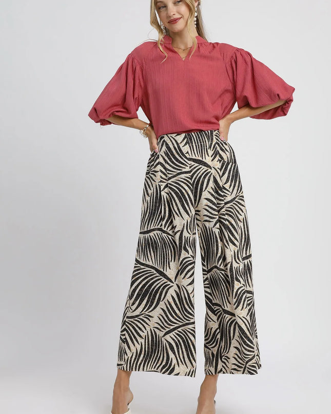 Umgee Palm Leaf Print Wide Leg Culotte Pants