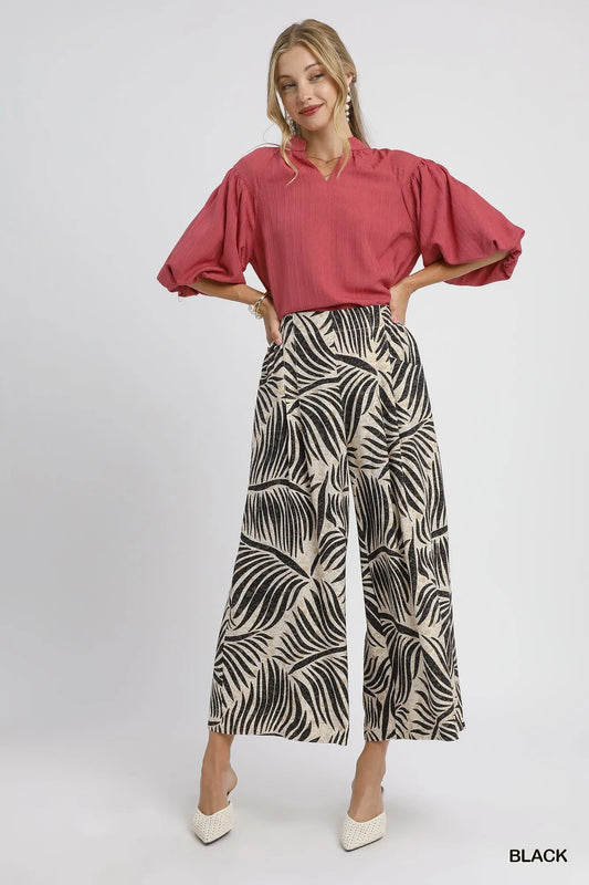 Umgee Palm Leaf Print Wide Leg Culotte Pants