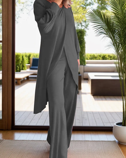 Full Size Slit Round Neck Long Sleeve Top and Pants Set Dark Gray
