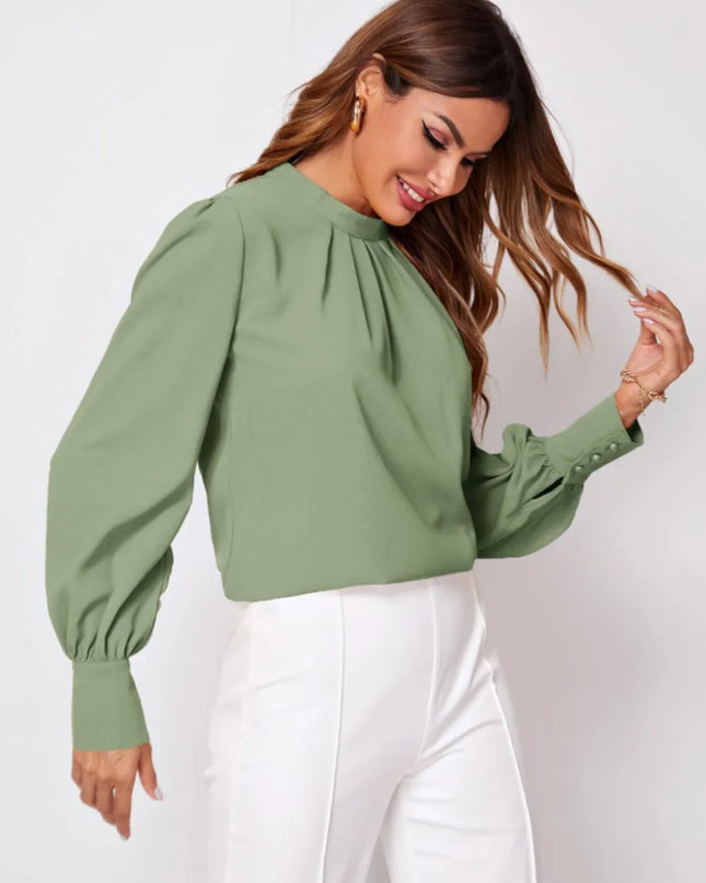 Ruched Mock Neck Long Sleeve Blouse 