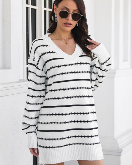 Striped V-Neck Sweater Dress