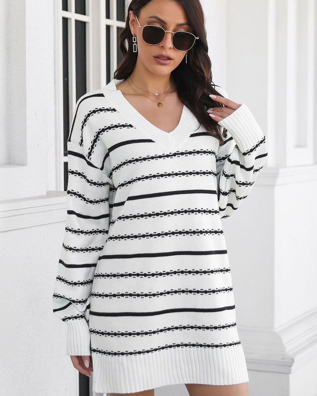 Striped V-Neck Sweater Dress