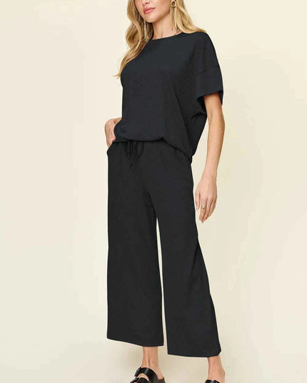 Double Take Full Size Texture Round Neck Short Sleeve T-Shirt and Wide Leg Pants