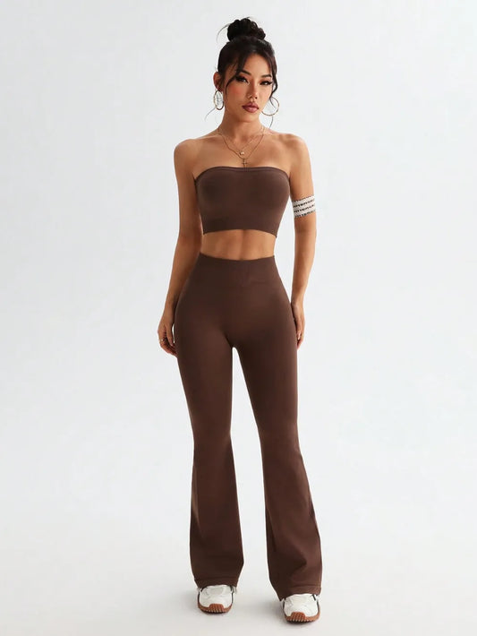 Tube Top and High Waist Flare Pants Active Set 