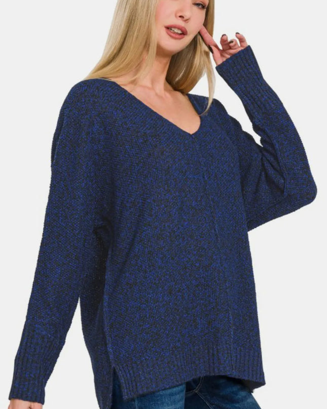 Zenana High-Low Center Seam V-Neck Sweater
