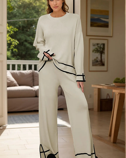 High-Low Round Neck Top and Pants Sweater Set Cream One Size