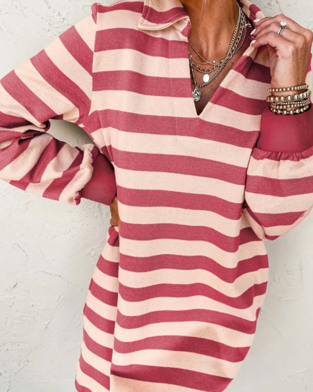 Contrast Striped Johnny Collar Long Sleeve Mini Dress Dusty Pink