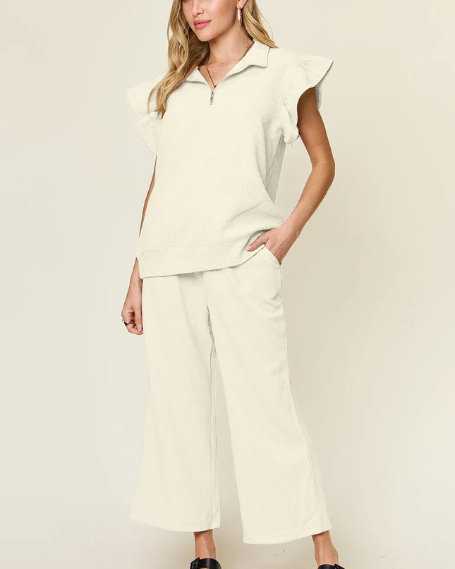 Double Take Texture Ruffle Short Sleeve Top and Drawstring Wide Leg Pants Set Cream