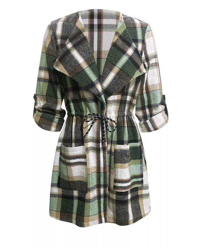 Oversized Drawstring Plaid Button Front Shirt