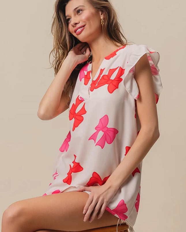 BiBi Bow Printed Woven Ruffled Sleeves V Neck Top