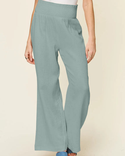 Double Take Full Size Texture Smocked Waist Wide Leg Pants