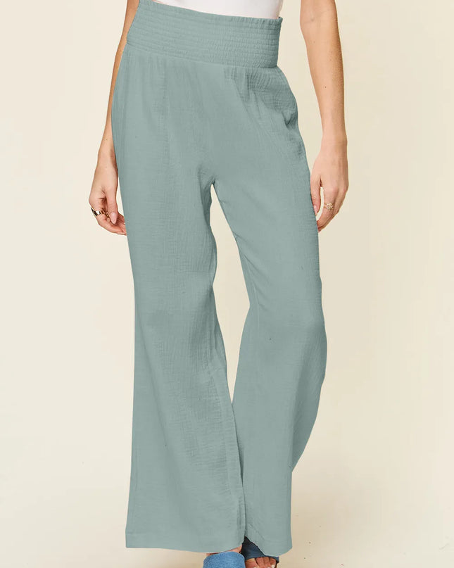 Double Take Full Size Texture Smocked Waist Wide Leg Pants